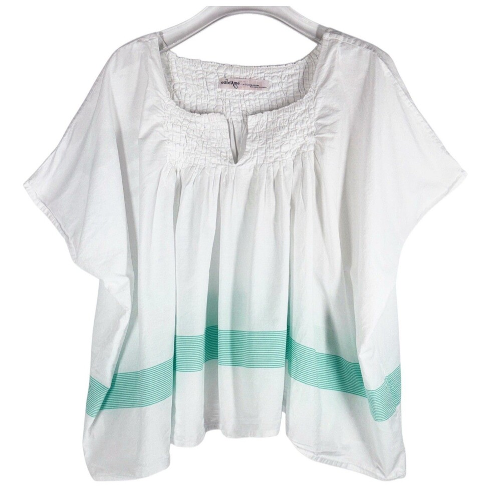 Ottod’ame Women's Top Size 8 White Cotton Oversized Smocked Teal Stripe